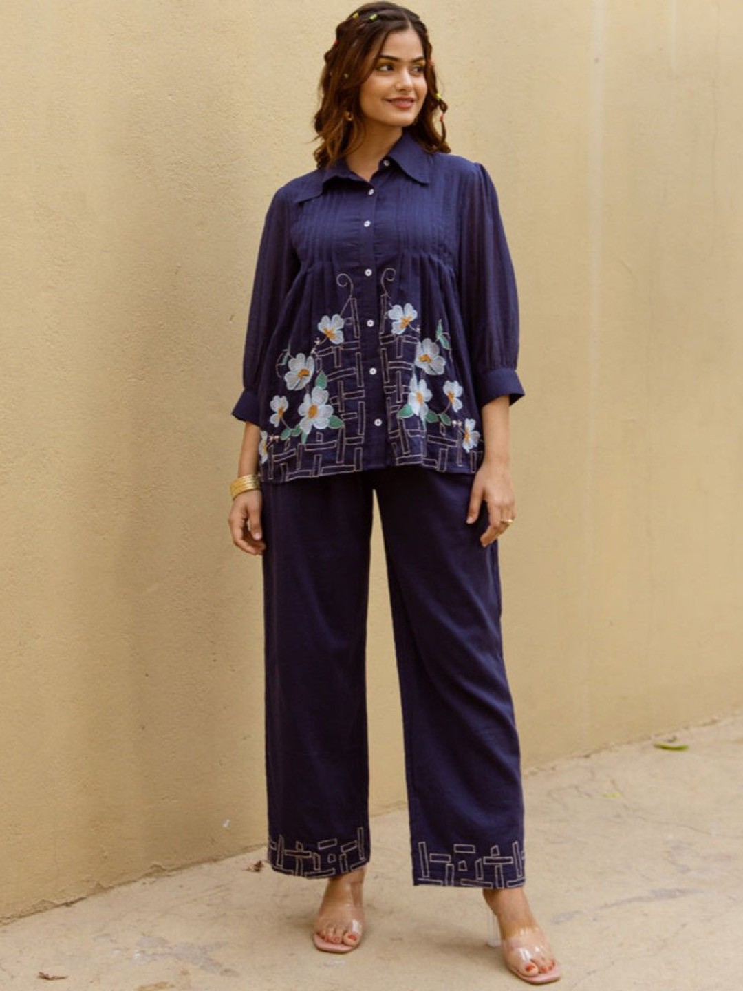

AUTUMN LANE Floral Embroidered Shirt Collar Pure Cotton Shirt With Trouser, Navy blue