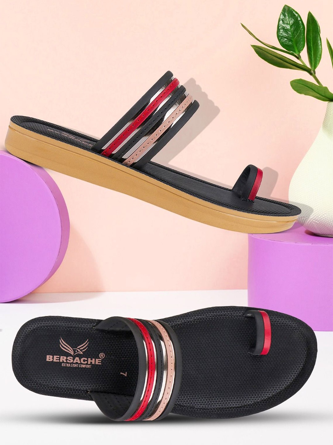 

BERSACHE Set Of 2 Ultra Soft Technology Open Toe Flats, Black