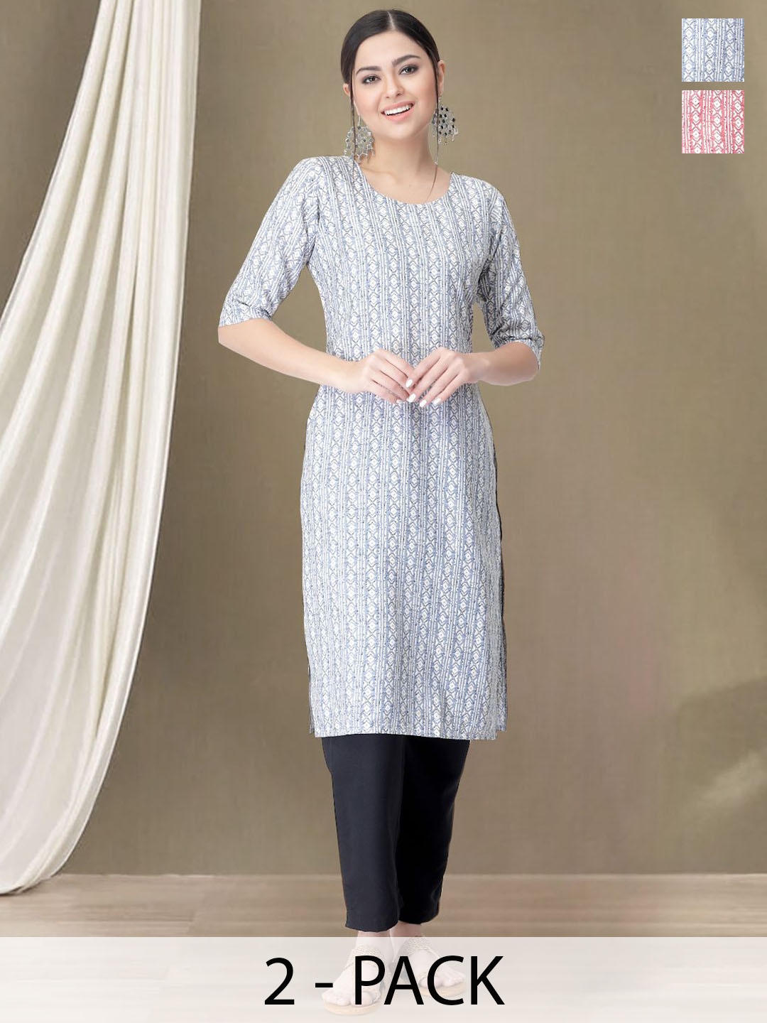 

Moda Rapido Selection Of 2 Geometric Printed Round Neck Straight Kurtas With Trousers, Pink
