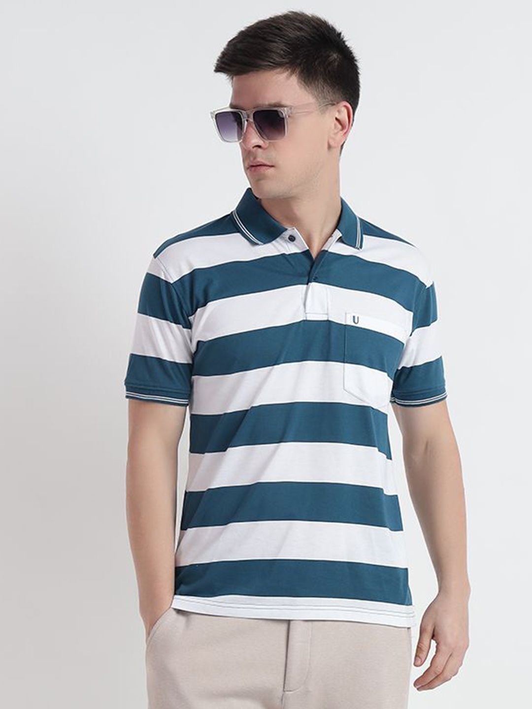 

UNIBERRY Men Striped Polo Collar T-shirt, Teal