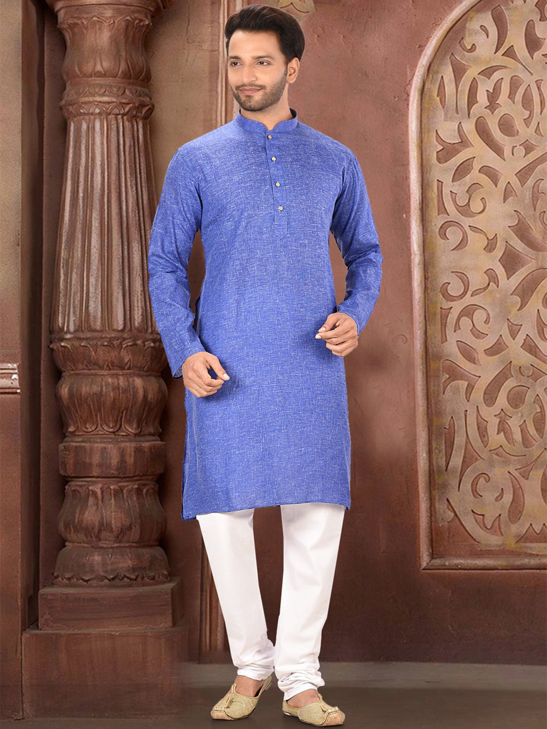 

RANAK Geometric Woven Design Mandarin Collar Kurta, Blue