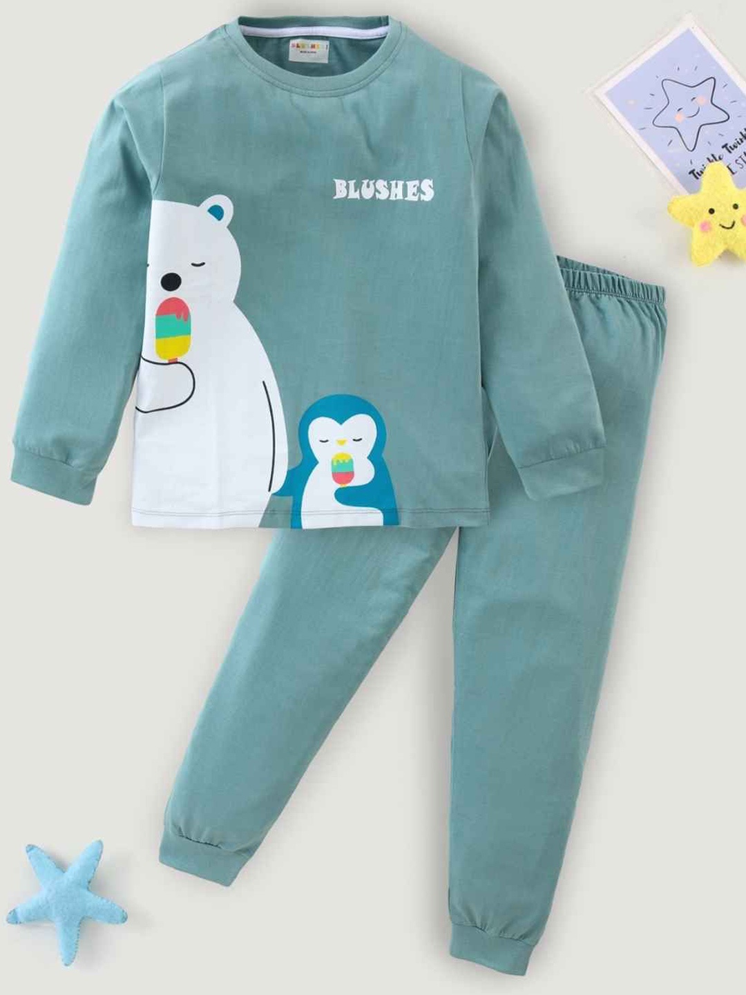 

BLUSHES Kids Printed Round Neck Pure Cotton T-Shirt With Jogger, Green