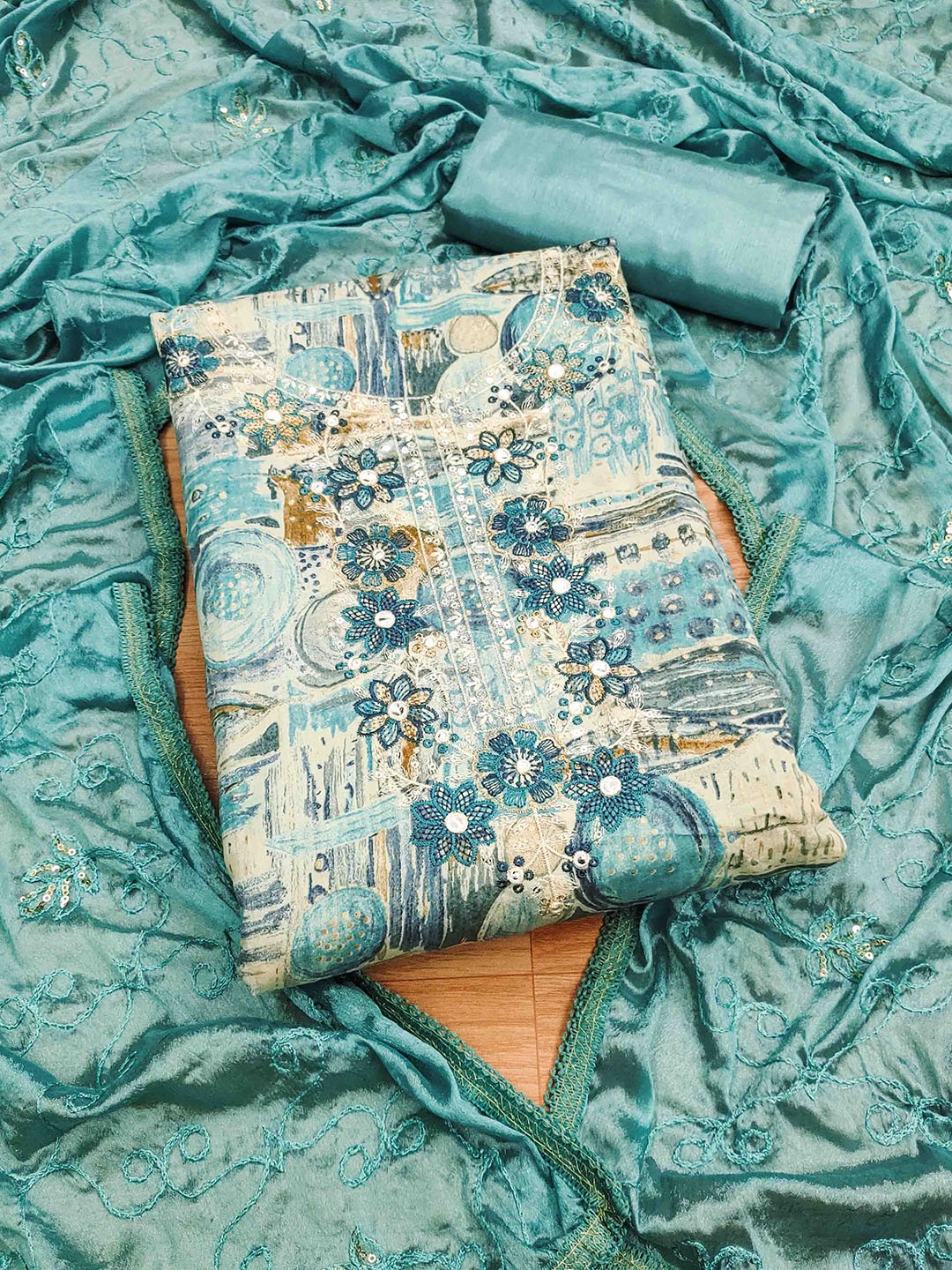 

Blissta Printed Unstitched Dress Material, Turquoise blue