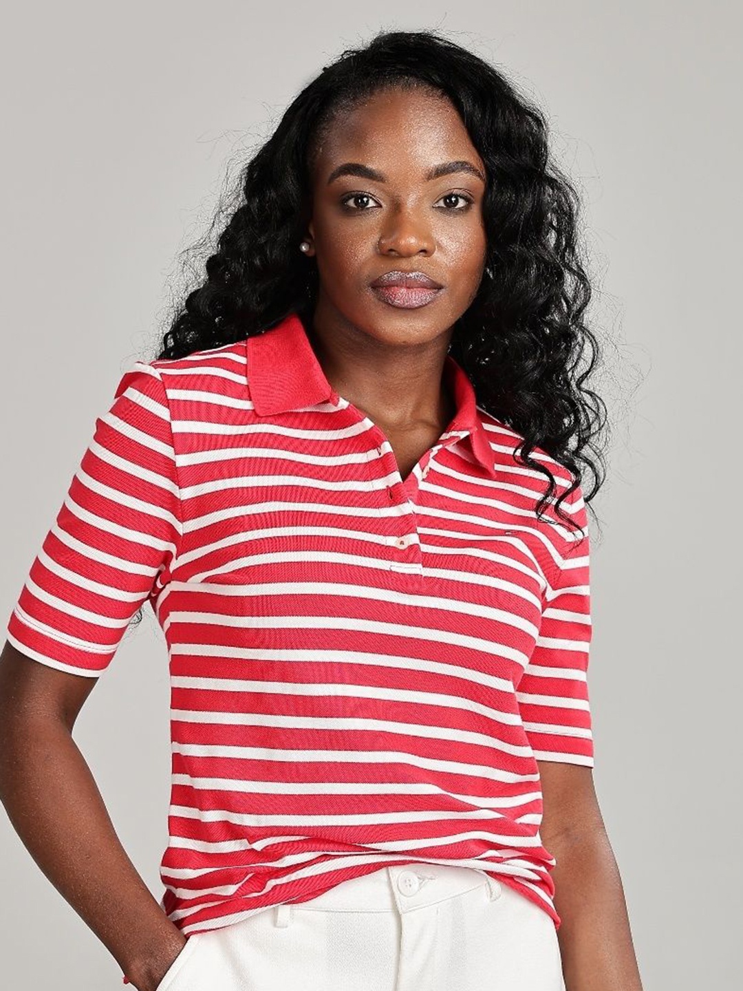 

Tommy Hilfiger Women Brand Logo Striped Polo Collar T-shirt, Red