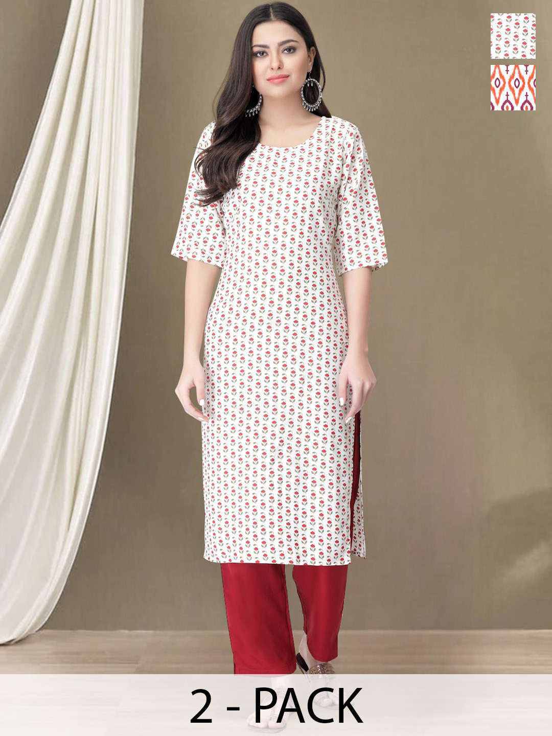 

Moda Rapido Selection Of 2 Floral Printed Round Neck Straight Kurtas With Trousers, White