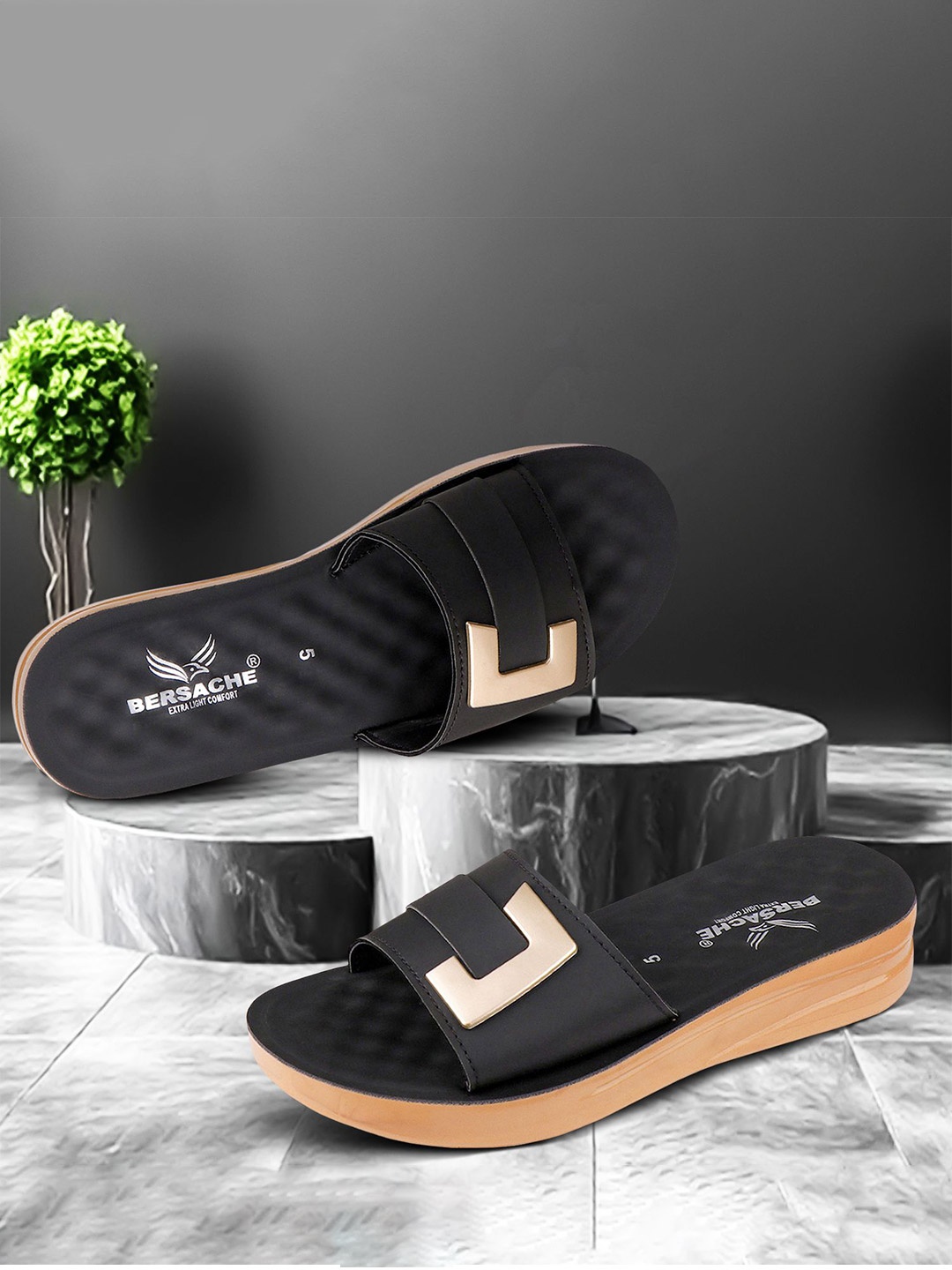 

BERSACHE Women Open Toe Flats, Black