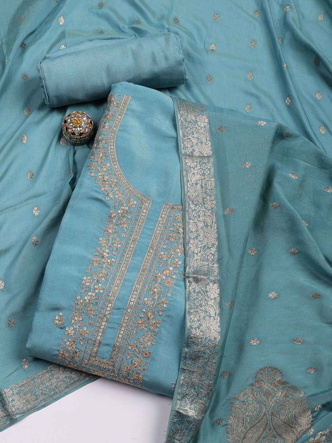 

Meena Bazaar Embroidered Art Silk Unstitched Dress Material, Blue