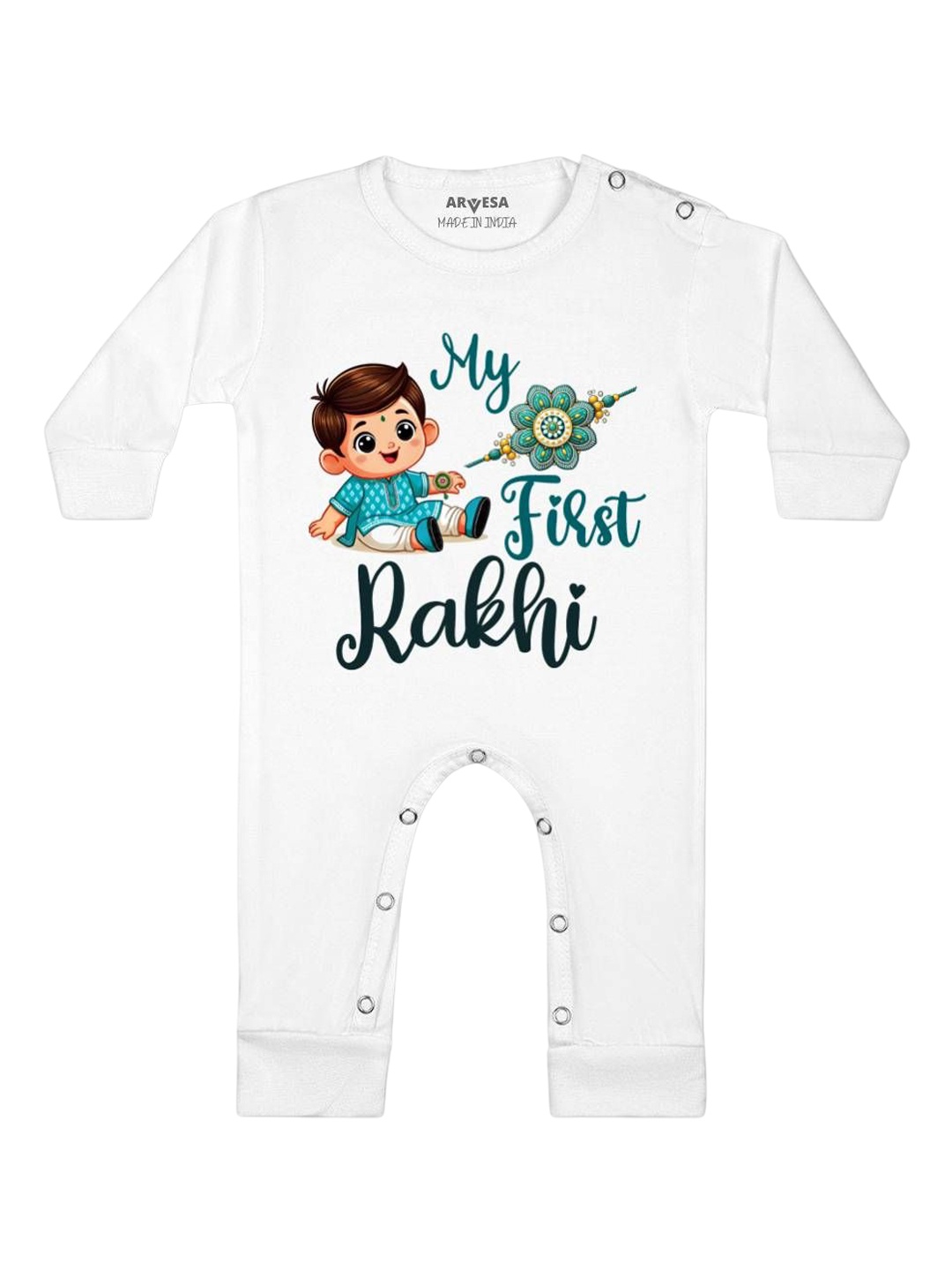 

Arvesa First Rakhi Printed Baby Romper, White