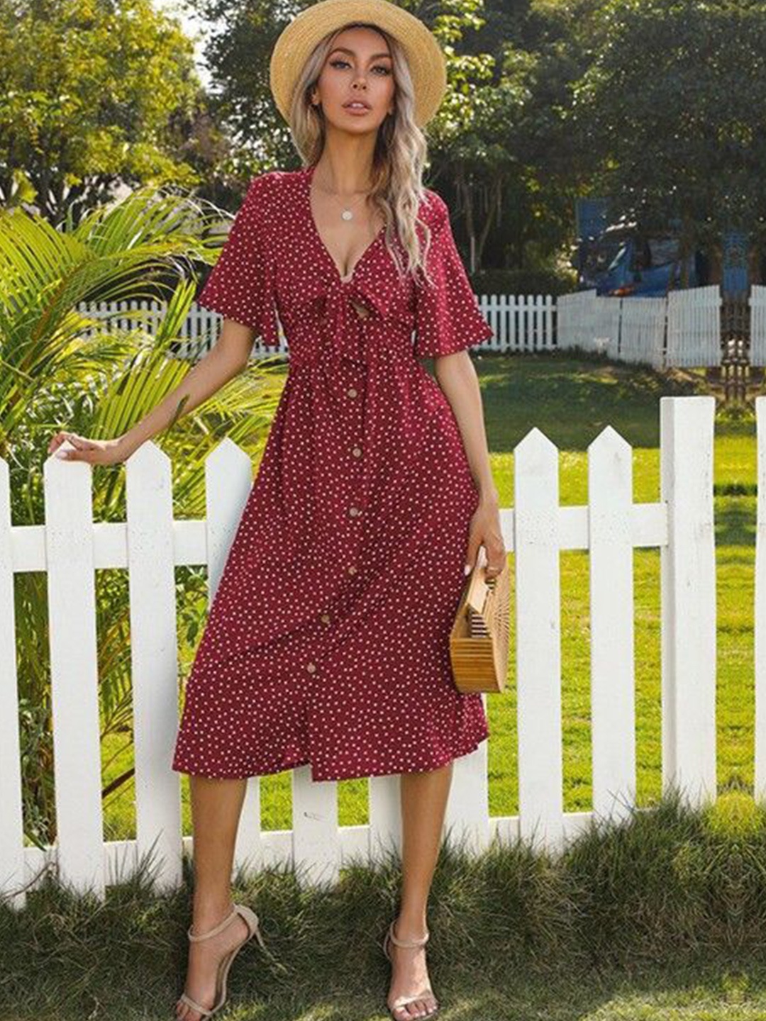 

DressBerry Polka Dot Print Fit & Flare Midi Dress, Red