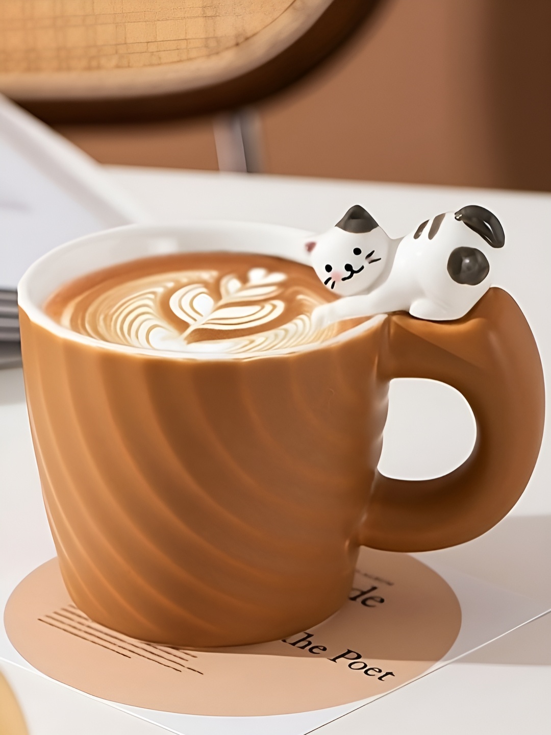 

BonZeaL Brown & White Textured Ceramic Matte Cat Mug-360 ml