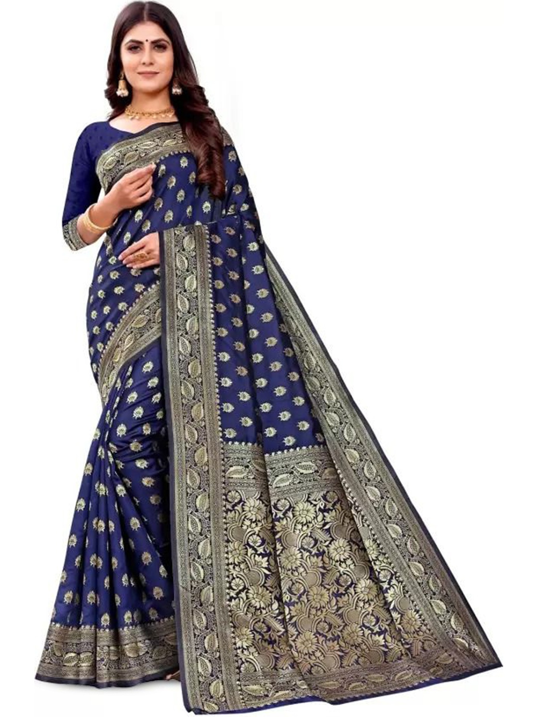 

KALINI Woven Design Zari Pure Silk Kanjeevaram Saree, Navy blue