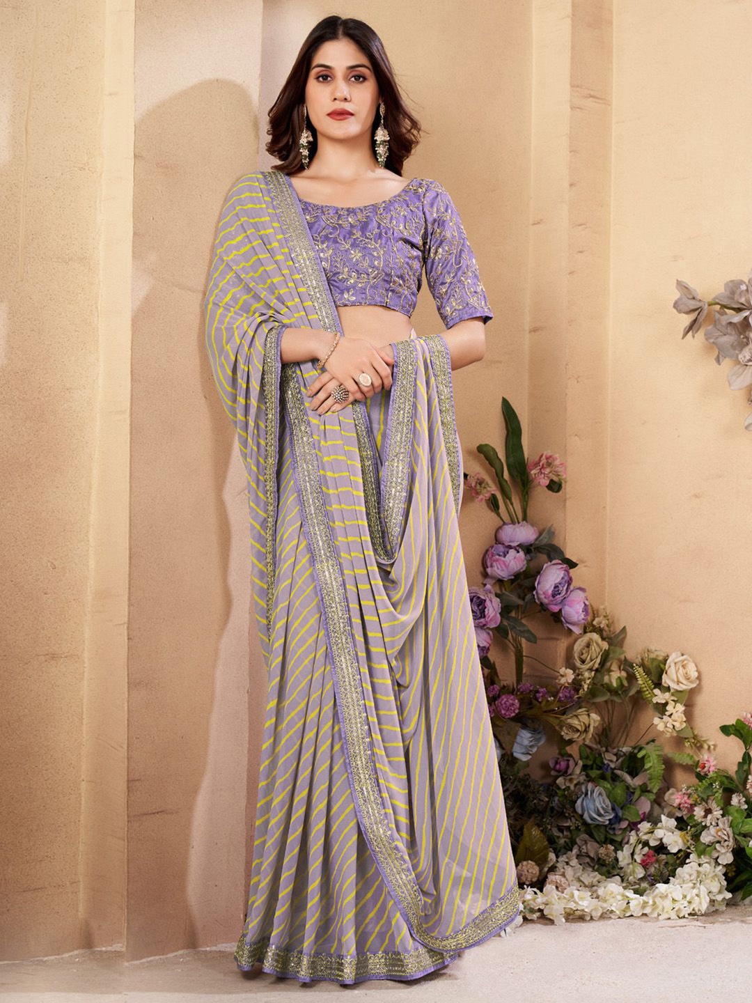

Anouk Rustic Leheriya Sequinned Pure Georgette Leheriya Saree, Lavender
