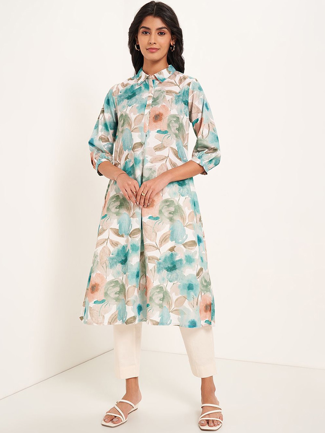 

RANGMANCH BY PANTALOONS Floral Printed Shirt Collar A-Line Kurta, White