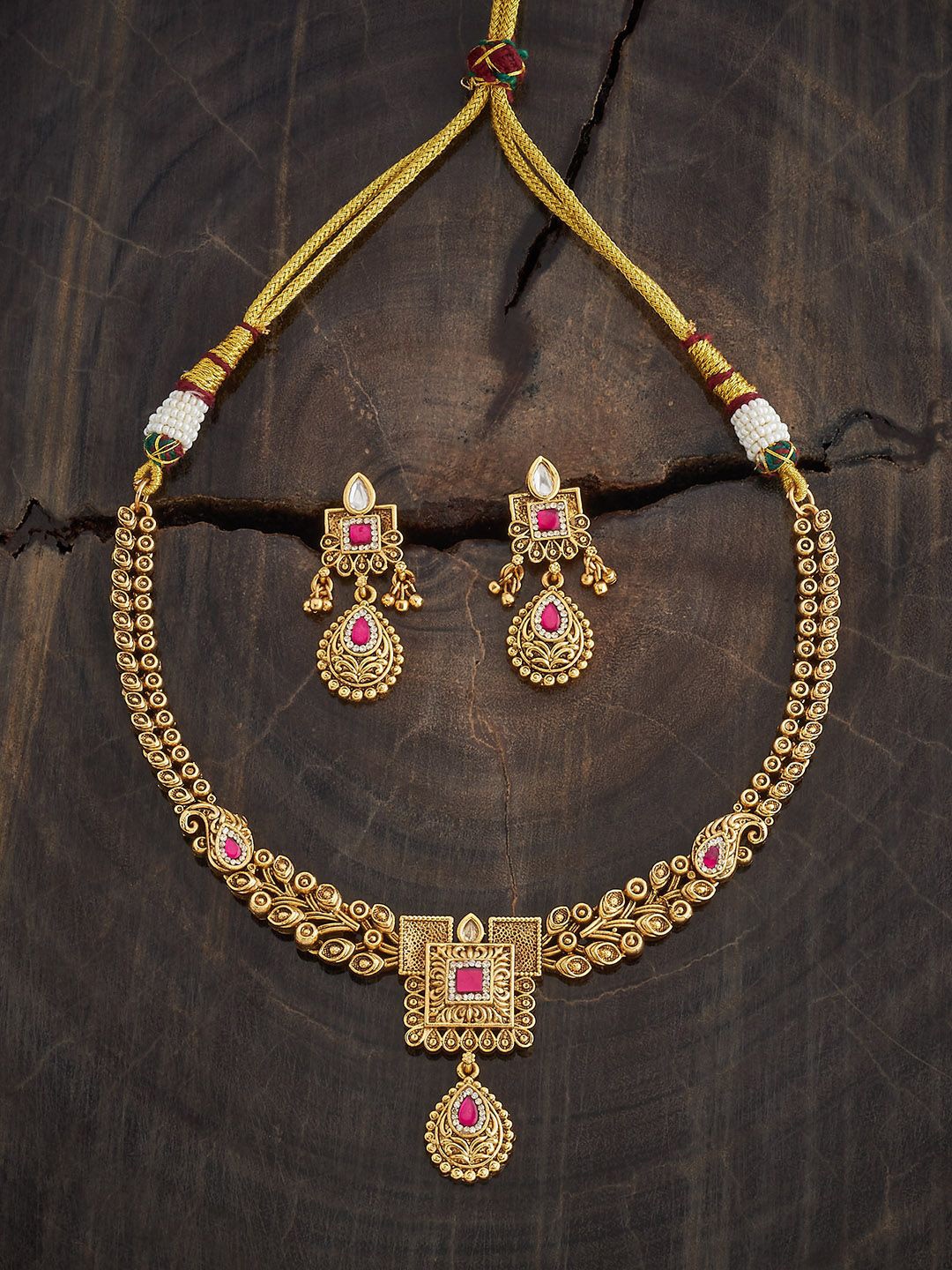 

Kushal's Fashion Jewellery Ruby Gold-Plated Ethnic Antique Necklace