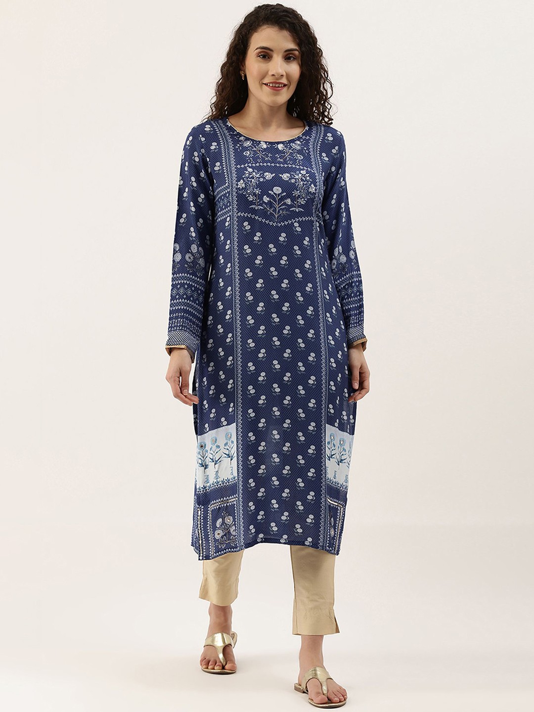 

HRITIKA Floral Printed Pure Cotton A Line Kurta, Blue