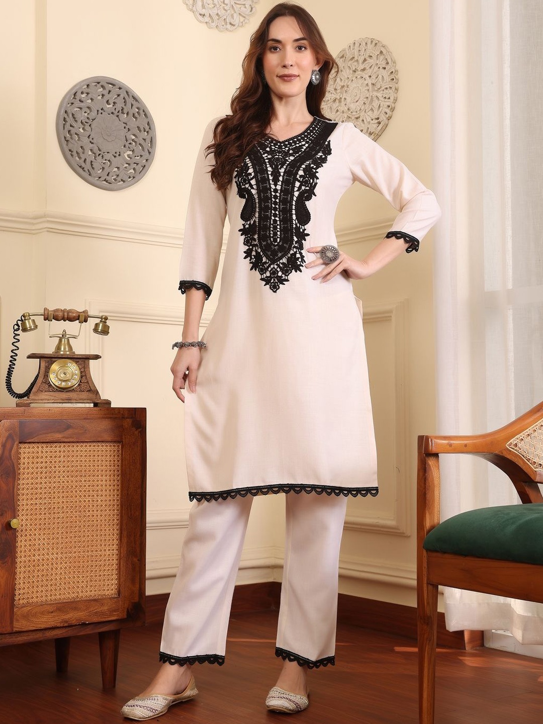 

ADORNIA Ethnic Motifs Yoke Design V-Neck Thread Work Pure Cotton Straight Kurta & Trousers, Beige