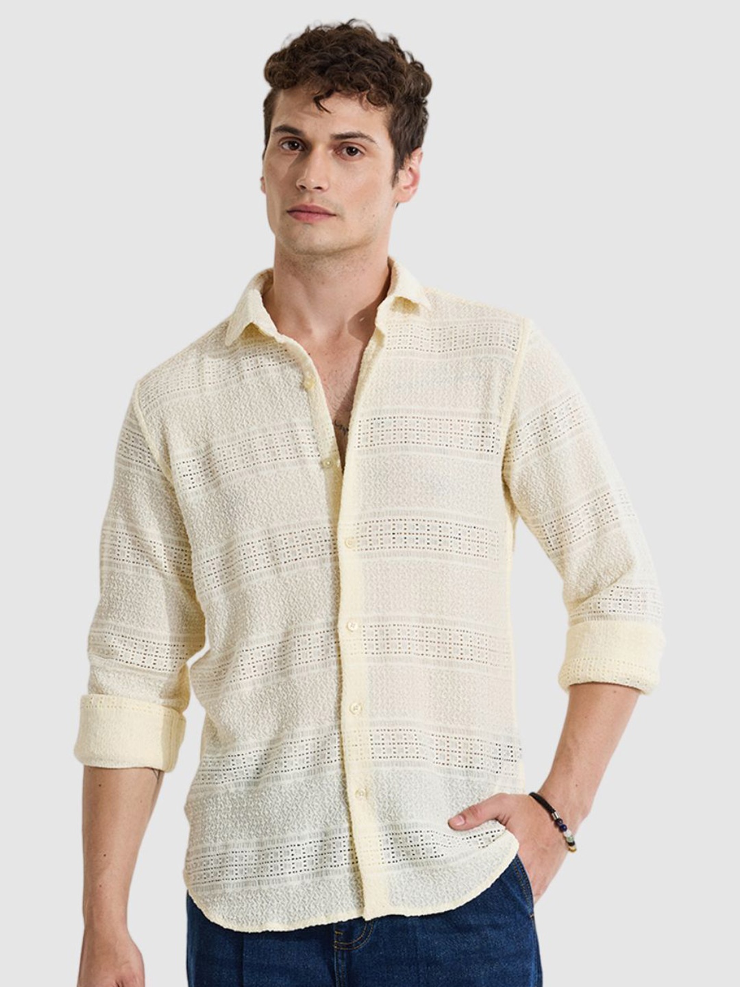 

Snitch Men Smart Slim Fit Semi Sheer Casual Shirt, Cream
