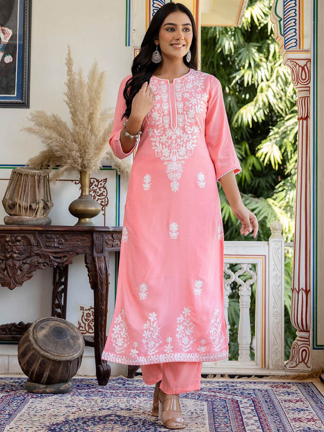 

KALINI Floral Embroidered Round Neck Straight Kurta With Trousers, Pink