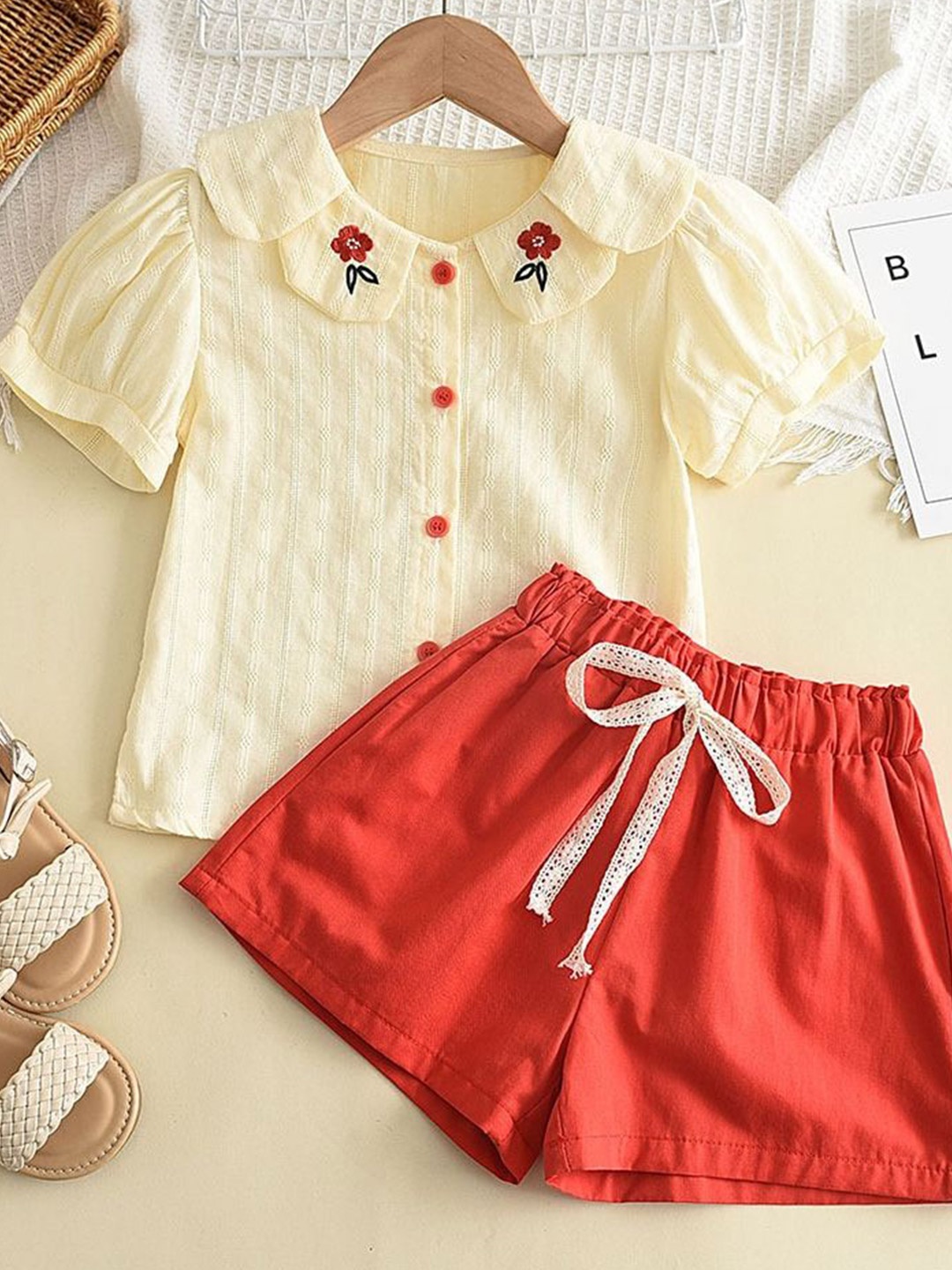 

LULU & SKY Girls Self Design Peter Pan Collar Pure Cotton Shirt With Shorts, Cream