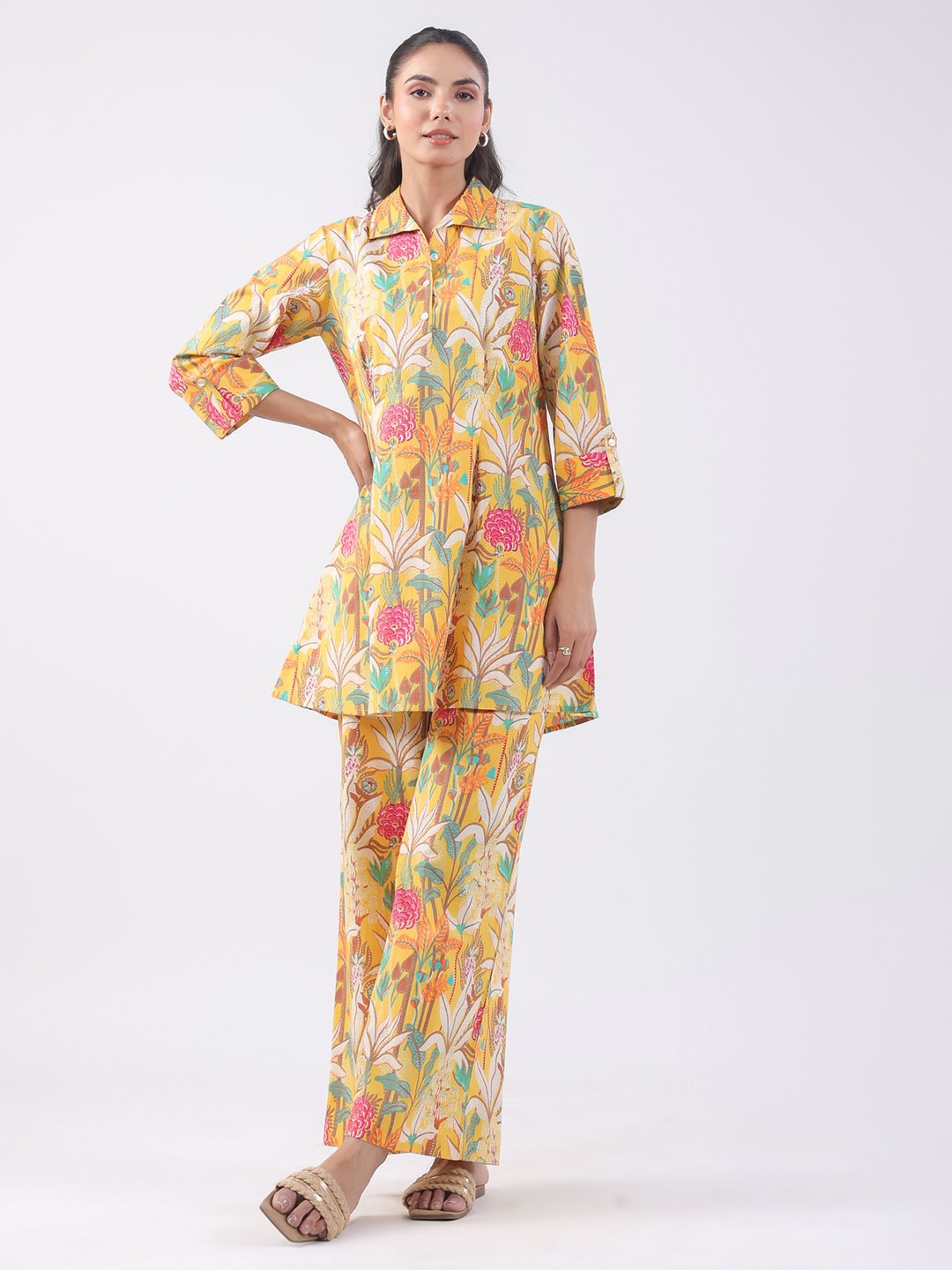 

JISORA Printed Shirt Collar Pure Cotton Tunic With Palazzos Co-Ords Set, Yellow