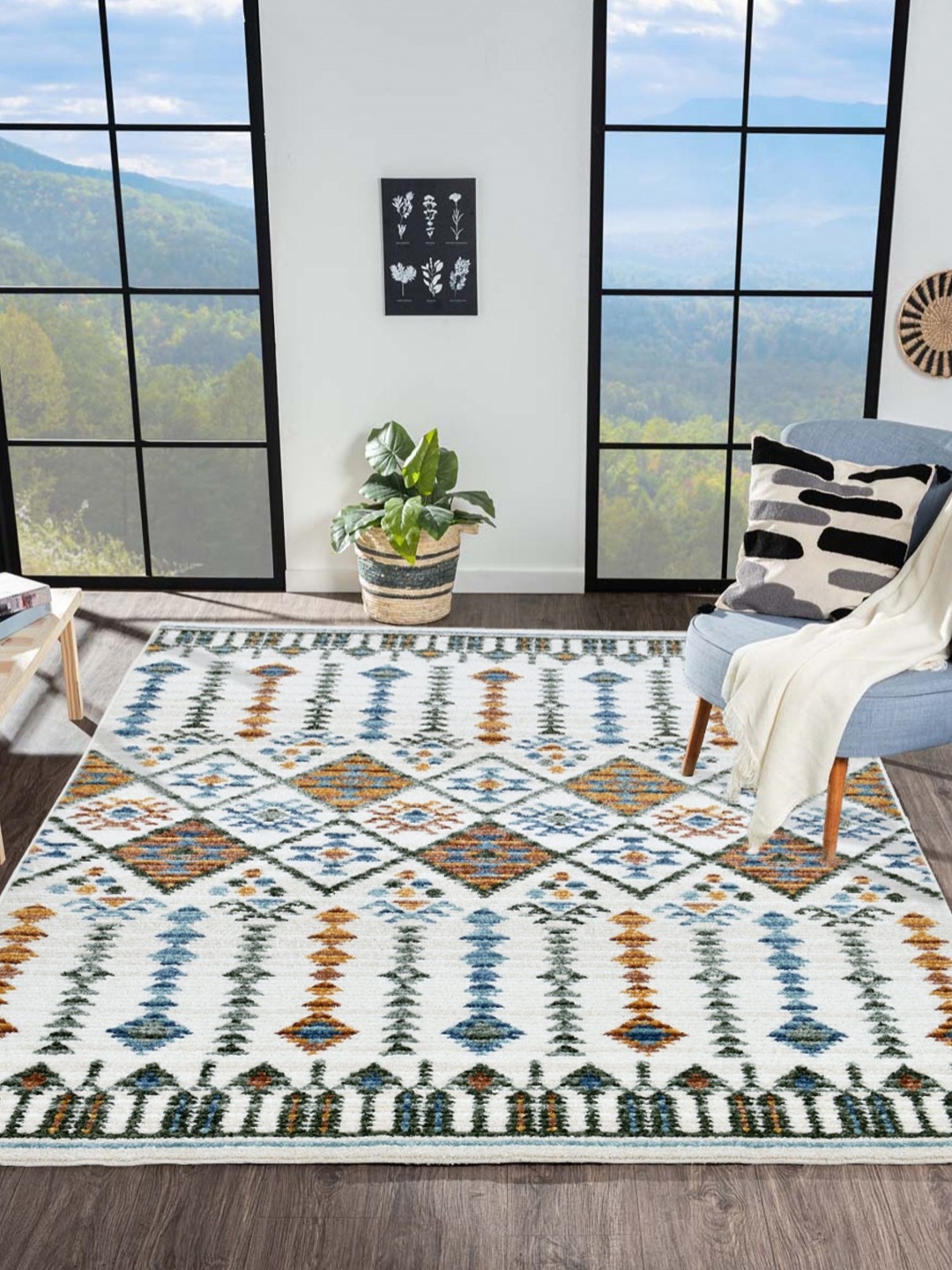 

OBSESSIONS Cream & Blue Ethnic Motifs Printed Anti-Skid Polypropylene Carpet