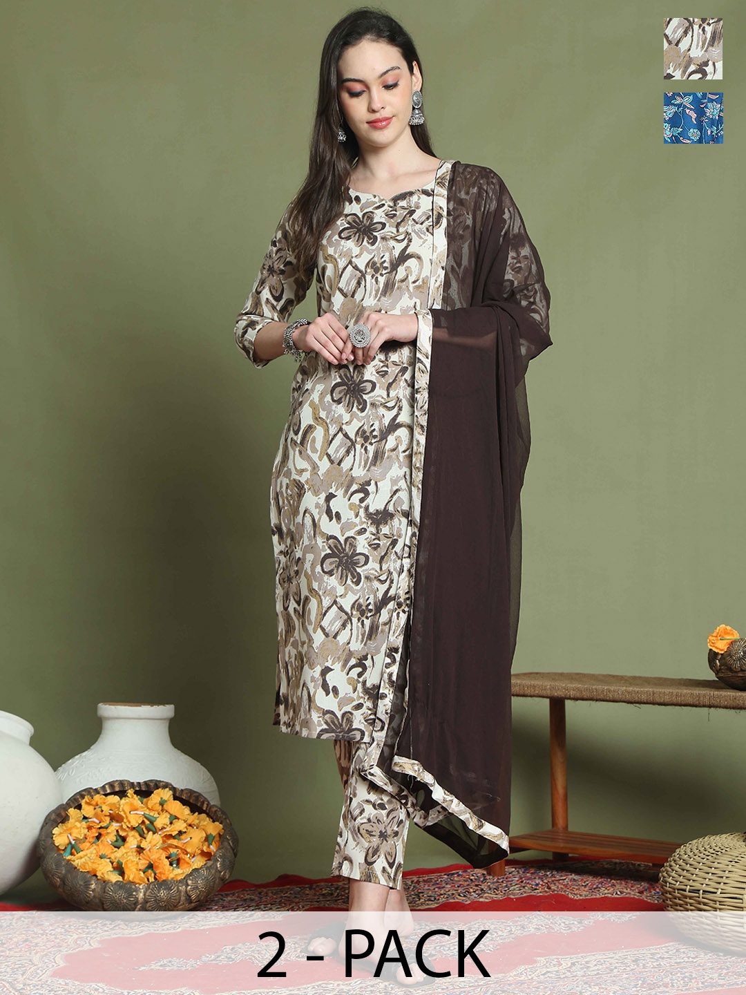 

KALINI Women Floral Printed Regular Kurta with Trousers & With Dupatta, Blue