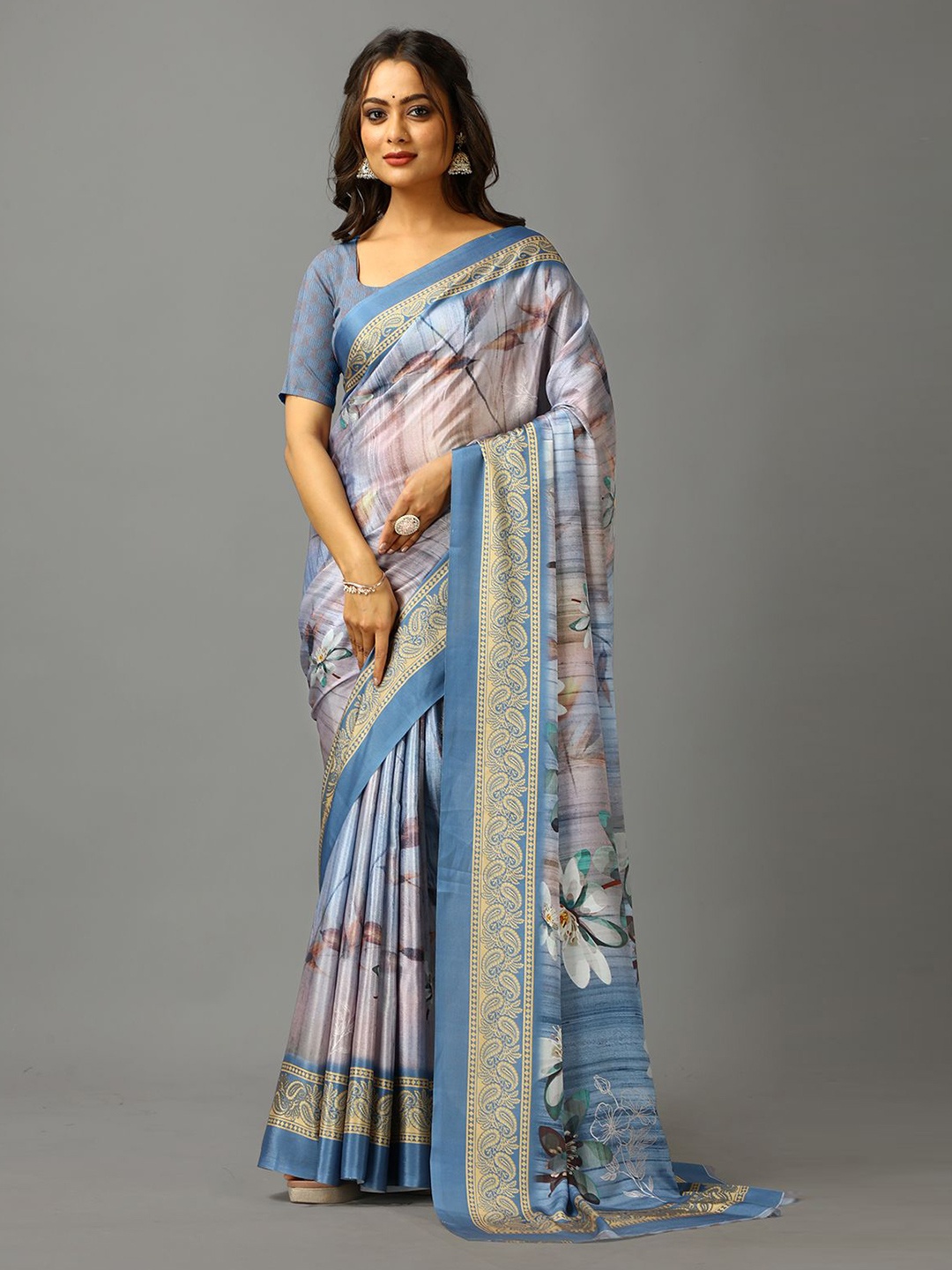 

A.V.M. SILK MILLS Floral Pure Crepe Saree, Blue