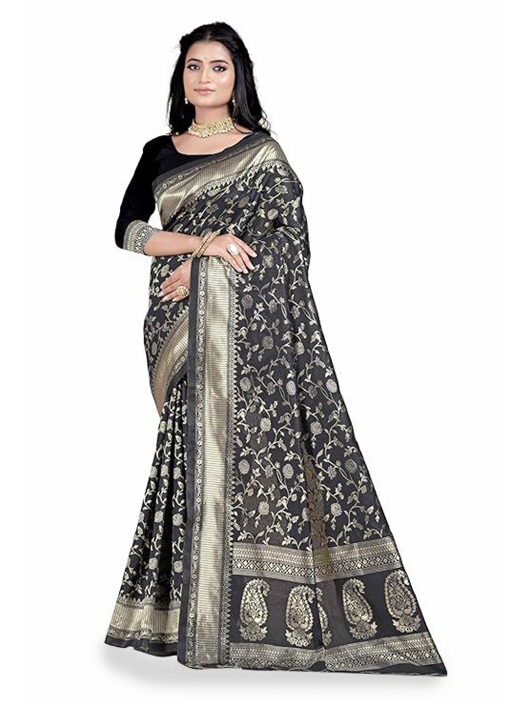 

SAADHVI Woven Design Zari Pure Silk Kanjeevaram Saree, Black