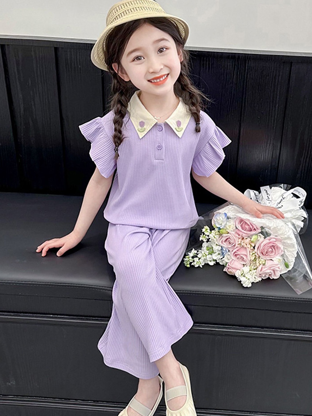 

LULU & SKY Girls Polo Collar Pure Cotton Top With Trousers, Purple