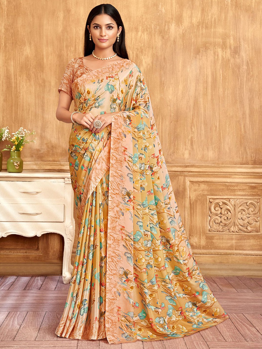 

LeeliPeeri Designer Floral Poly Crepe Saree, Yellow
