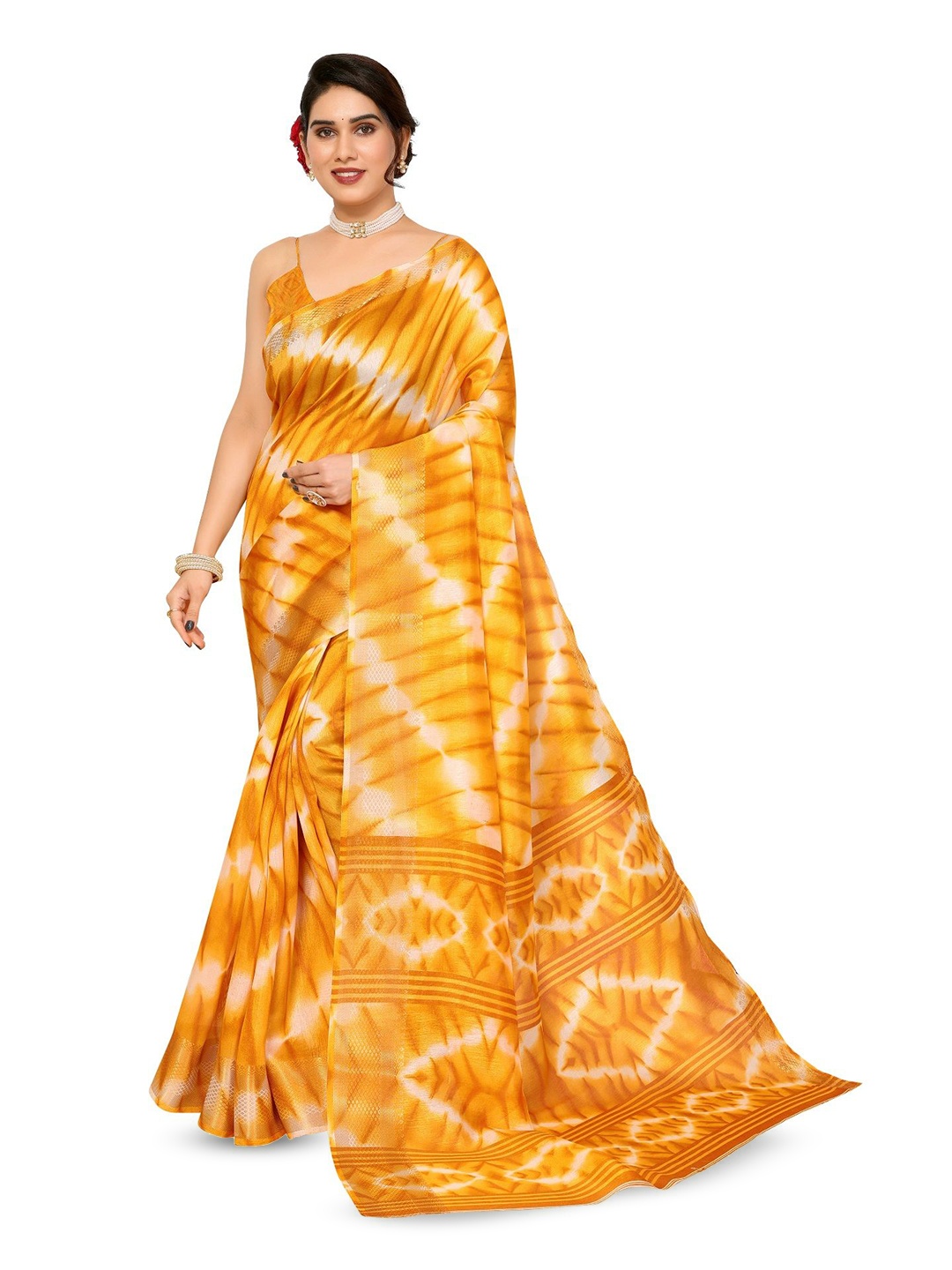 

Moda Rapido Tie and Dye Zari Saree, Yellow