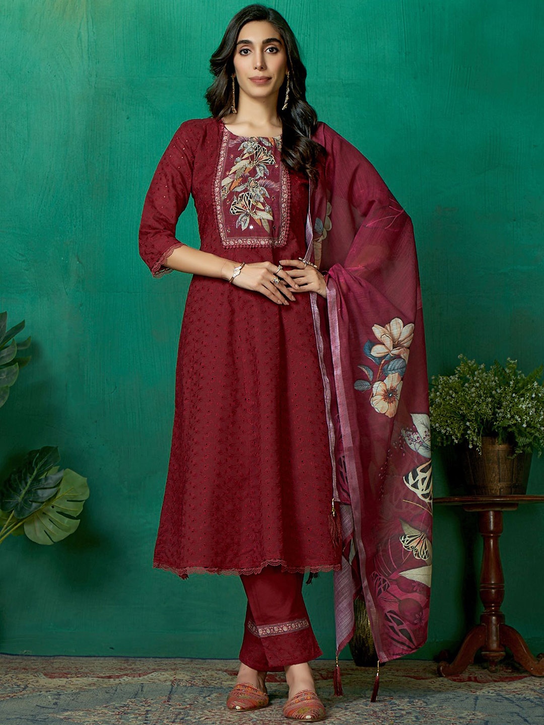 

Sangria Embroidered Pure Cotton Anarkali Kurta & Trousers With Dupatta, Maroon
