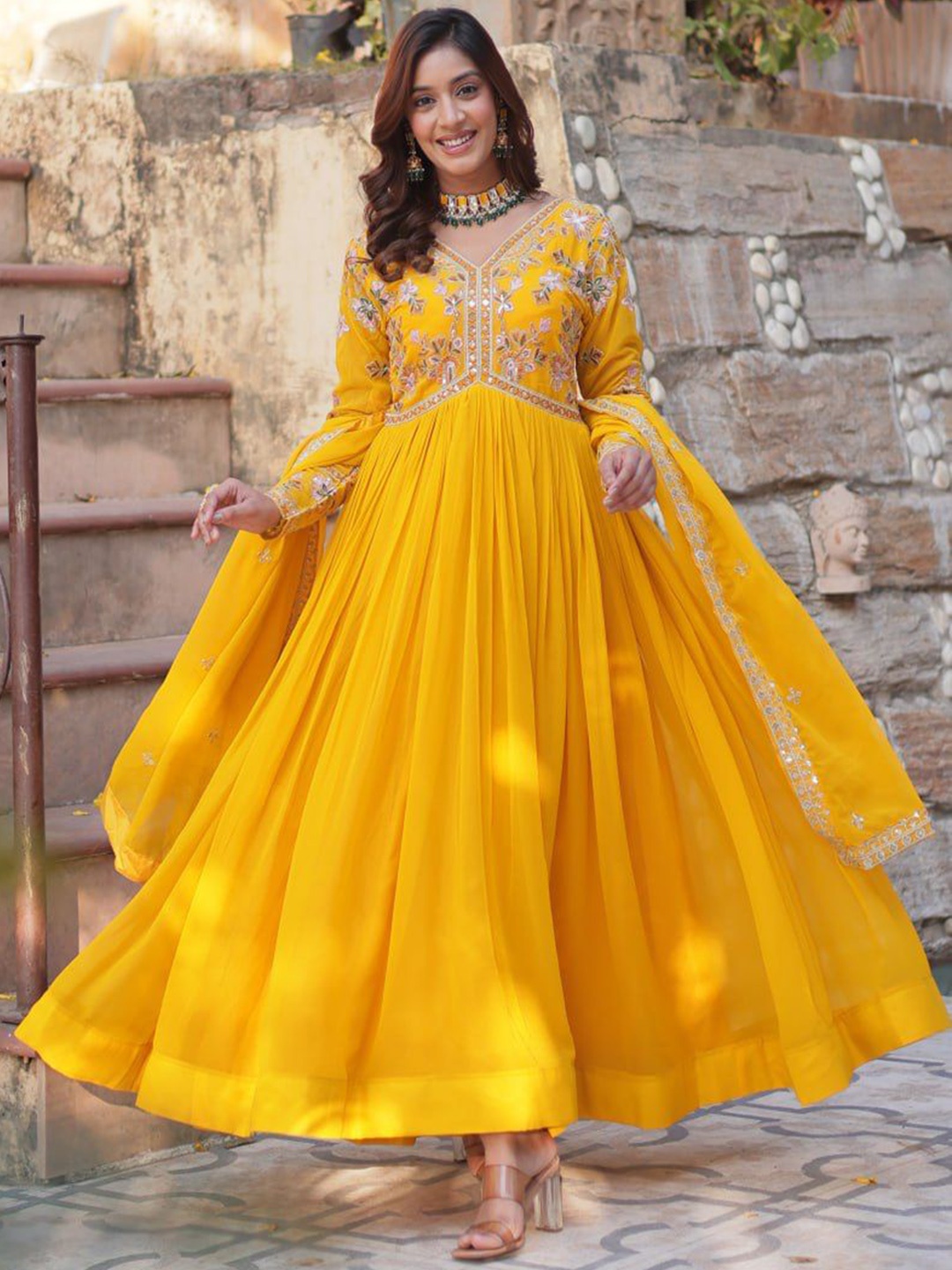 

FVD Embroidered Flared Maxi Dress With Dupatta, Yellow
