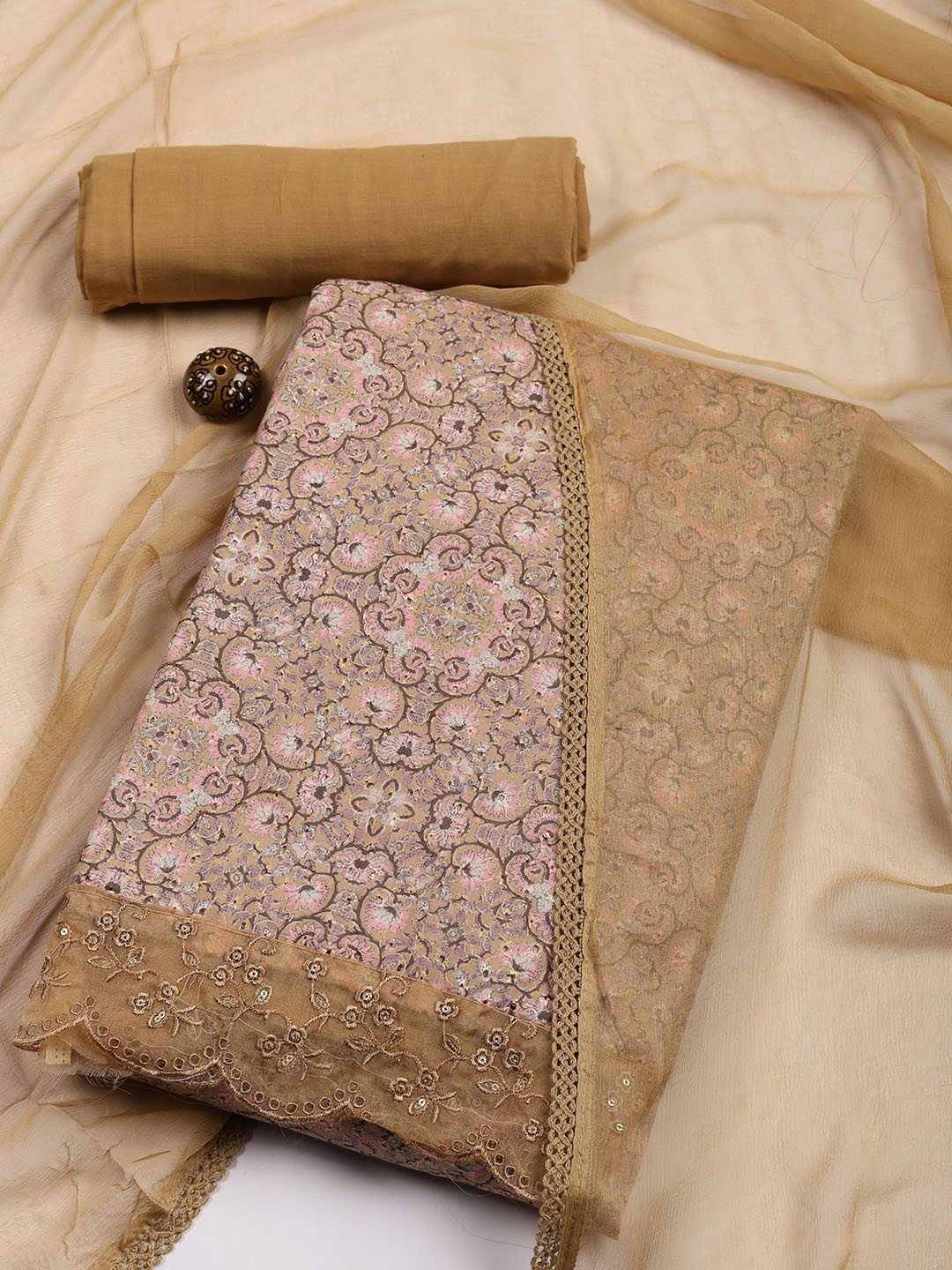 

Meena Bazaar Printed Unstitched Dress Material, Beige