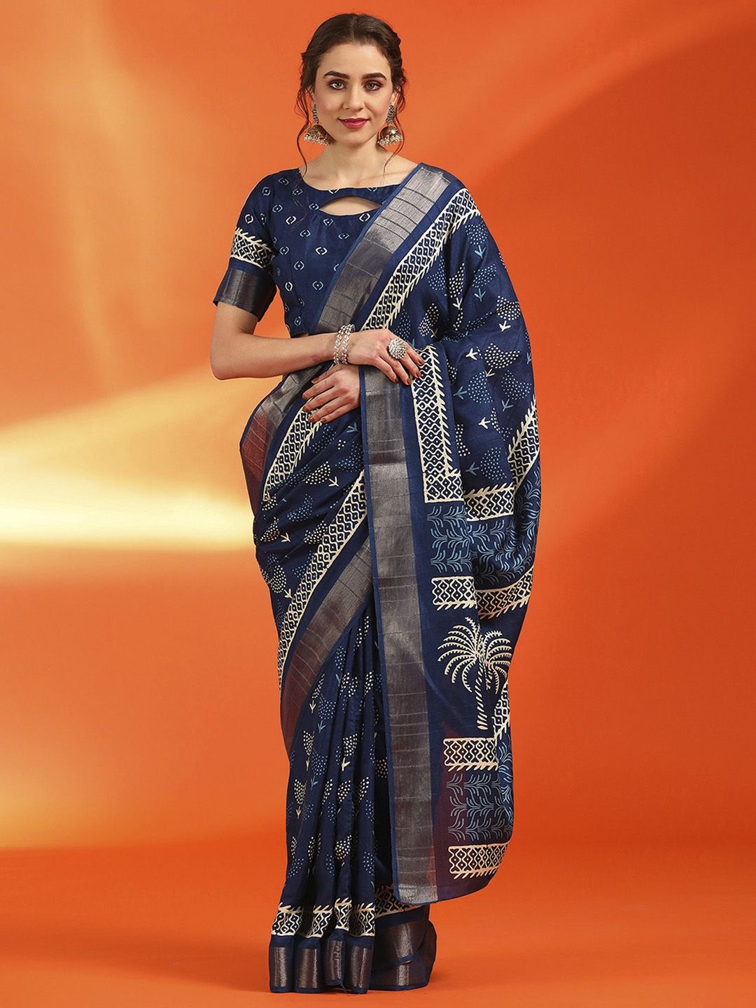 

Anouk Rustic Bagh Zari Silk Cotton Sungudi Saree, Navy blue