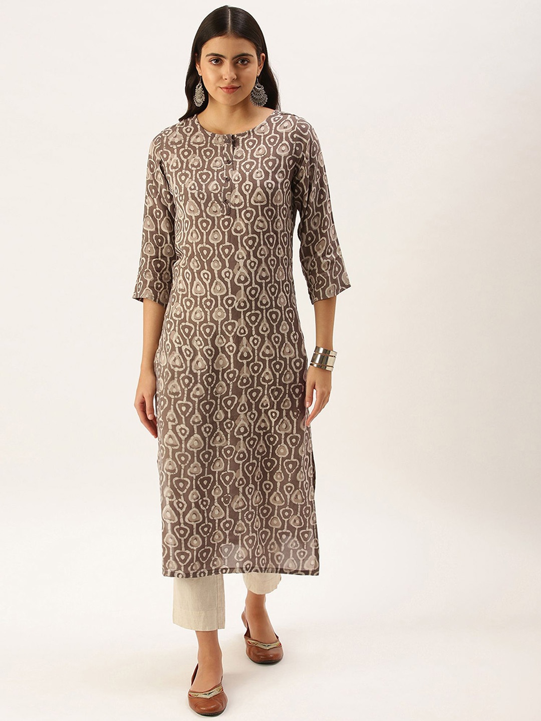

HRITIKA Ethnic Motifs Printed Pure Cotton Straight Kurta, Grey