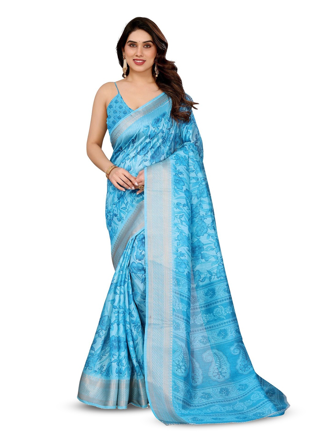 

Moda Rapido Floral Zari Saree, Blue