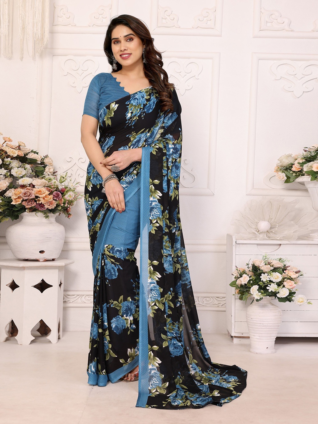 

Moda Rapido Floral Poly Georgette Saree, Sea green