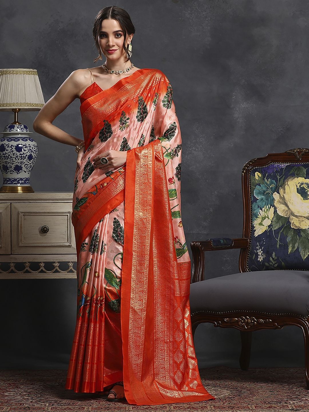 

Anouk Rustic Kalamkari Zari Silk Blend Bagh Saree, Peach