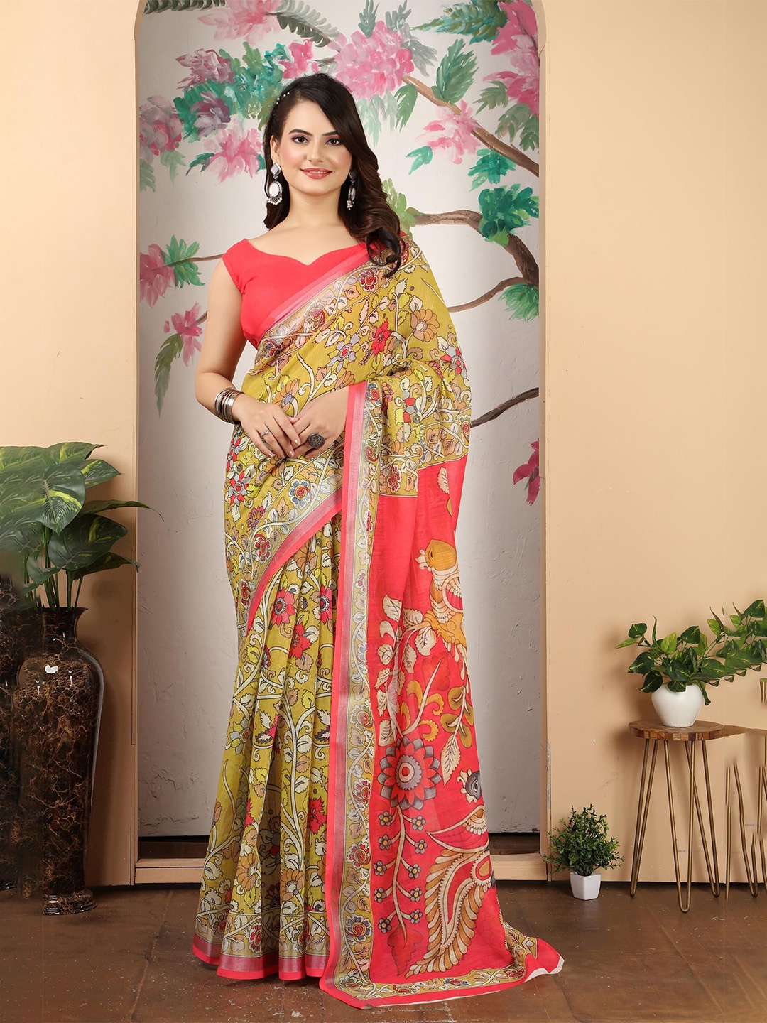 

Quelea Floral Linen Blend Khadi Saree, Yellow