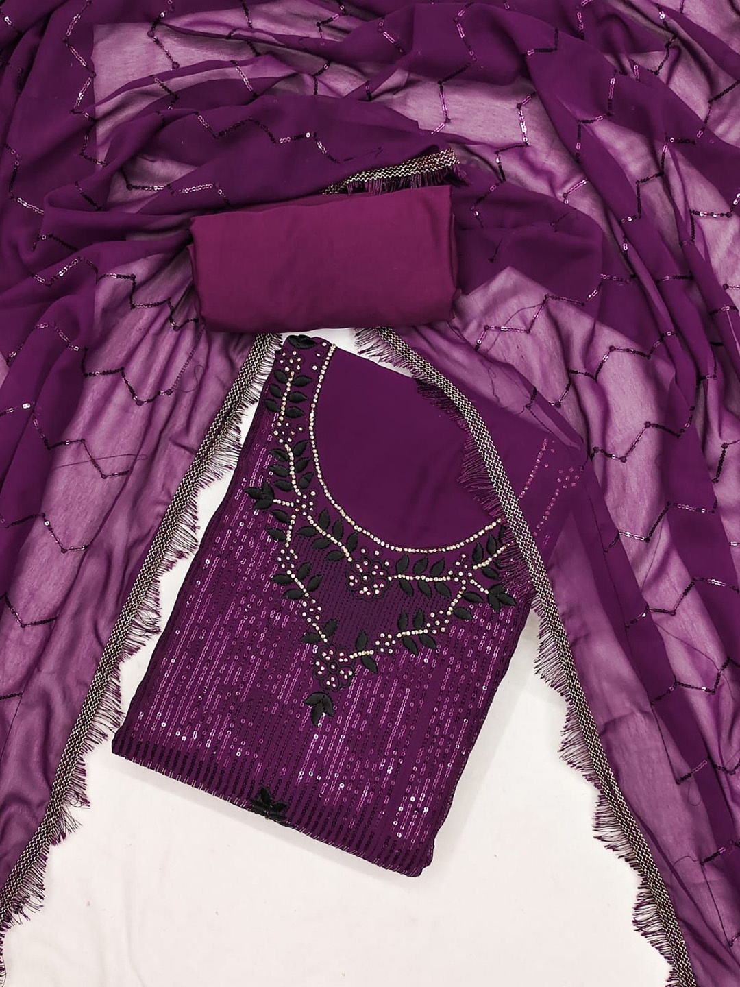 

Rangtulika Floral Embroidered Sequinned Georgette Unstitched Dress Material, Purple