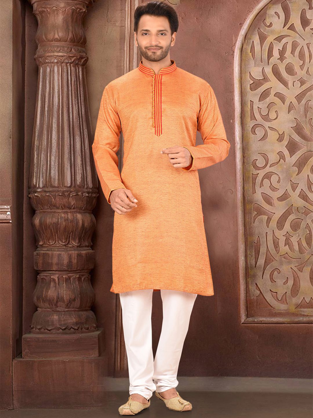 

RANAK Woven Design Mandarin Collar Kurta, Orange