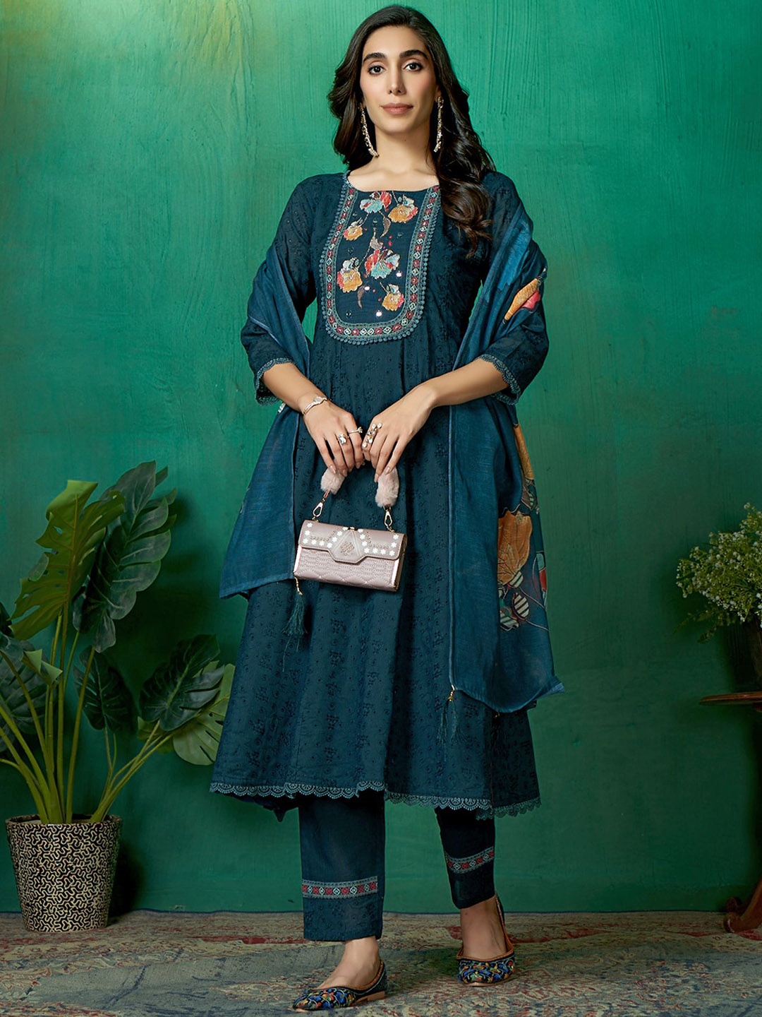 

Sangria Embroidered Pure Cotton Anarkali Kurta & Trousers With Dupatta, Turquoise blue