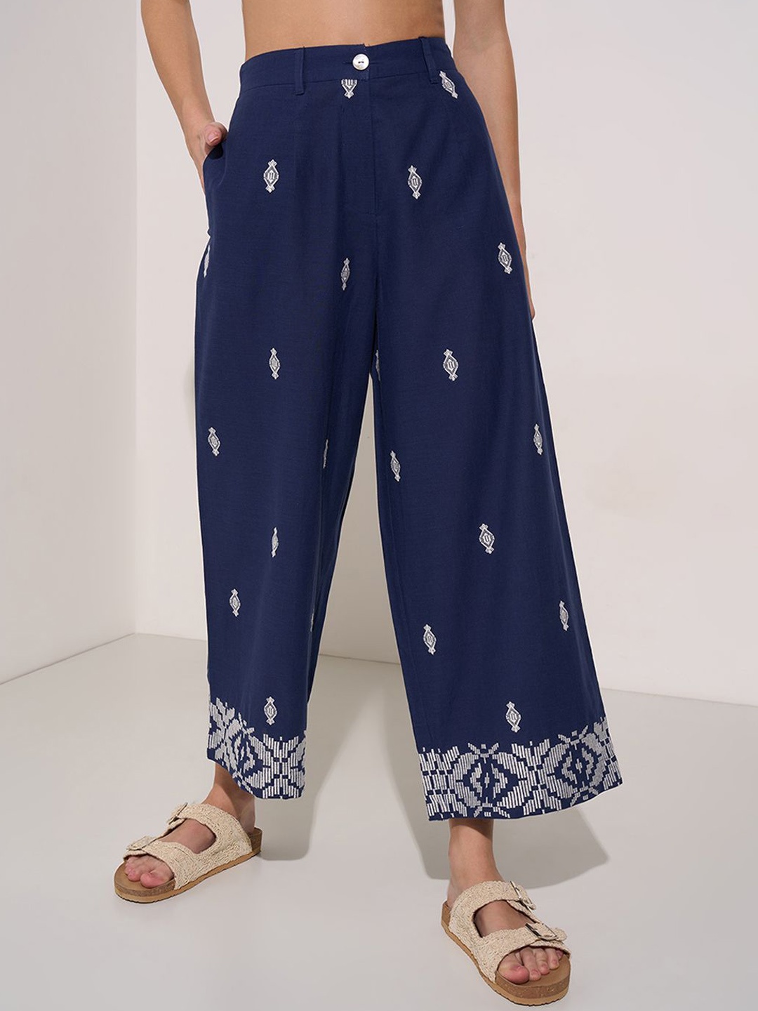 

AKKRITI BY PANTALOONS Women Ethnic Motifs Parallel Trousers, Blue