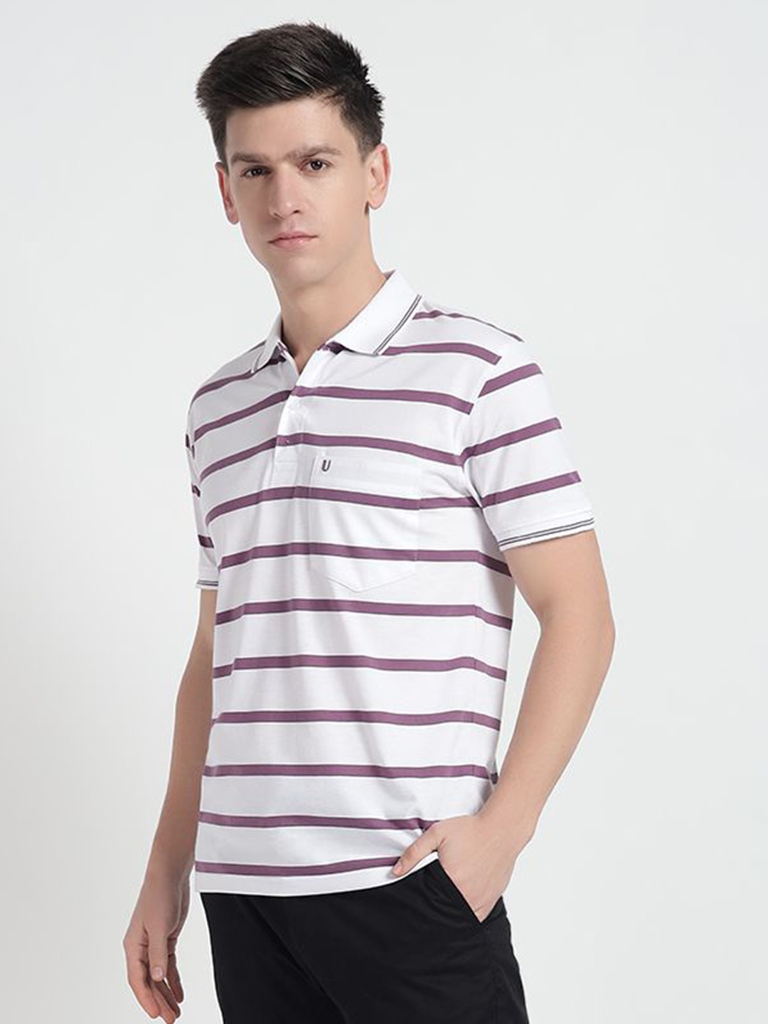 

UNIBERRY Men Striped Polo Collar Monochrome T-shirt, White