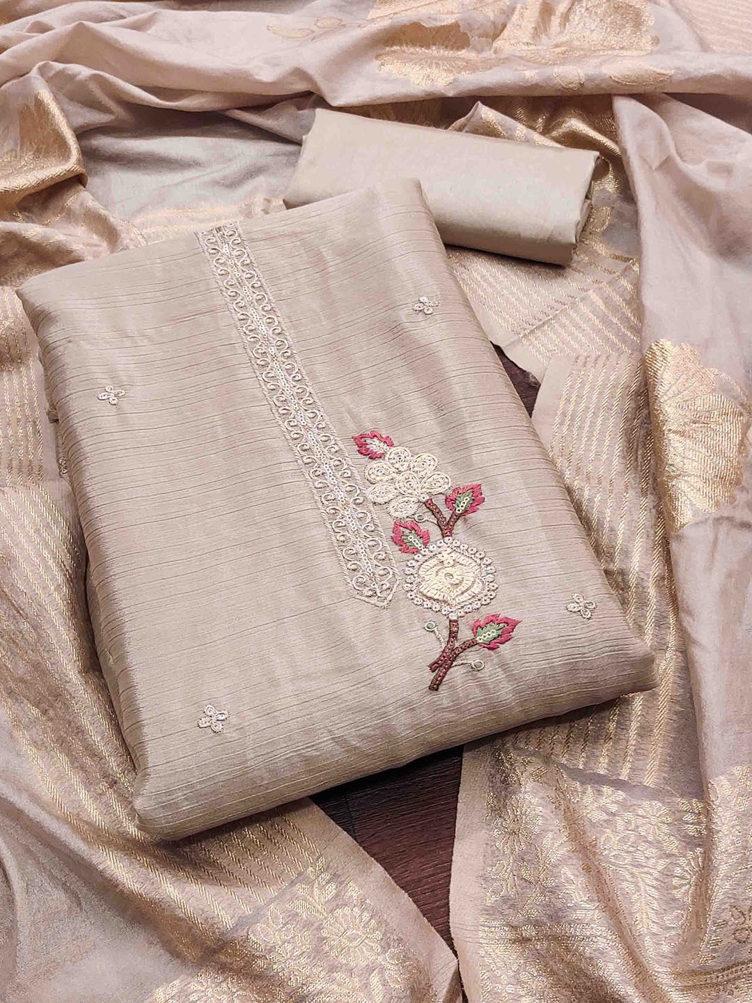 

Blissta Embroidered Unstitched Dress Material, Beige