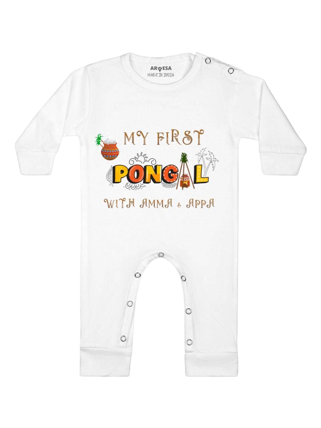 

Arvesa First Pongal Printed Baby Romper, White