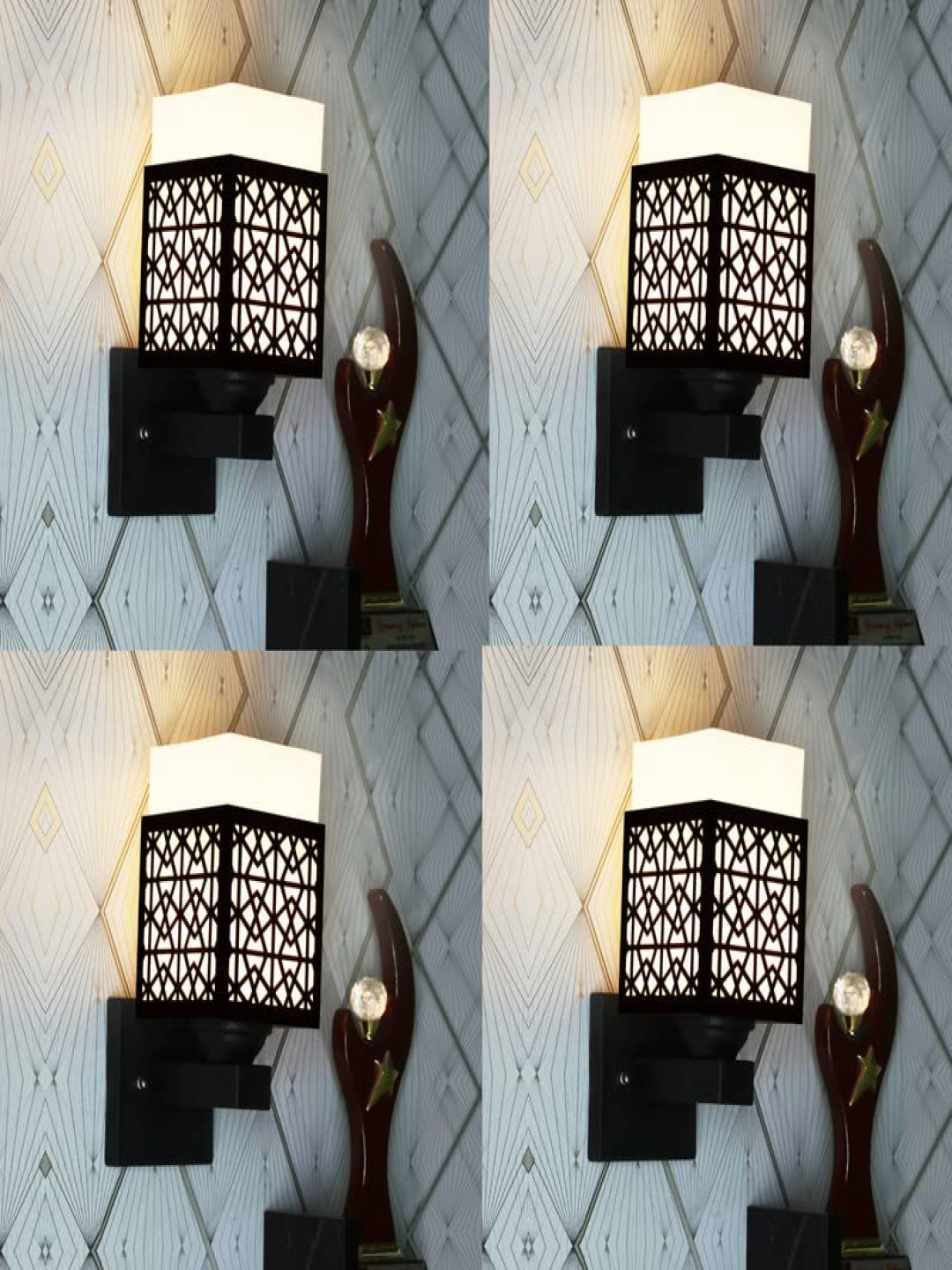 

Gojeeva Black & White 4 Pieces Textured Wooden Square Shaped Wall Lamps