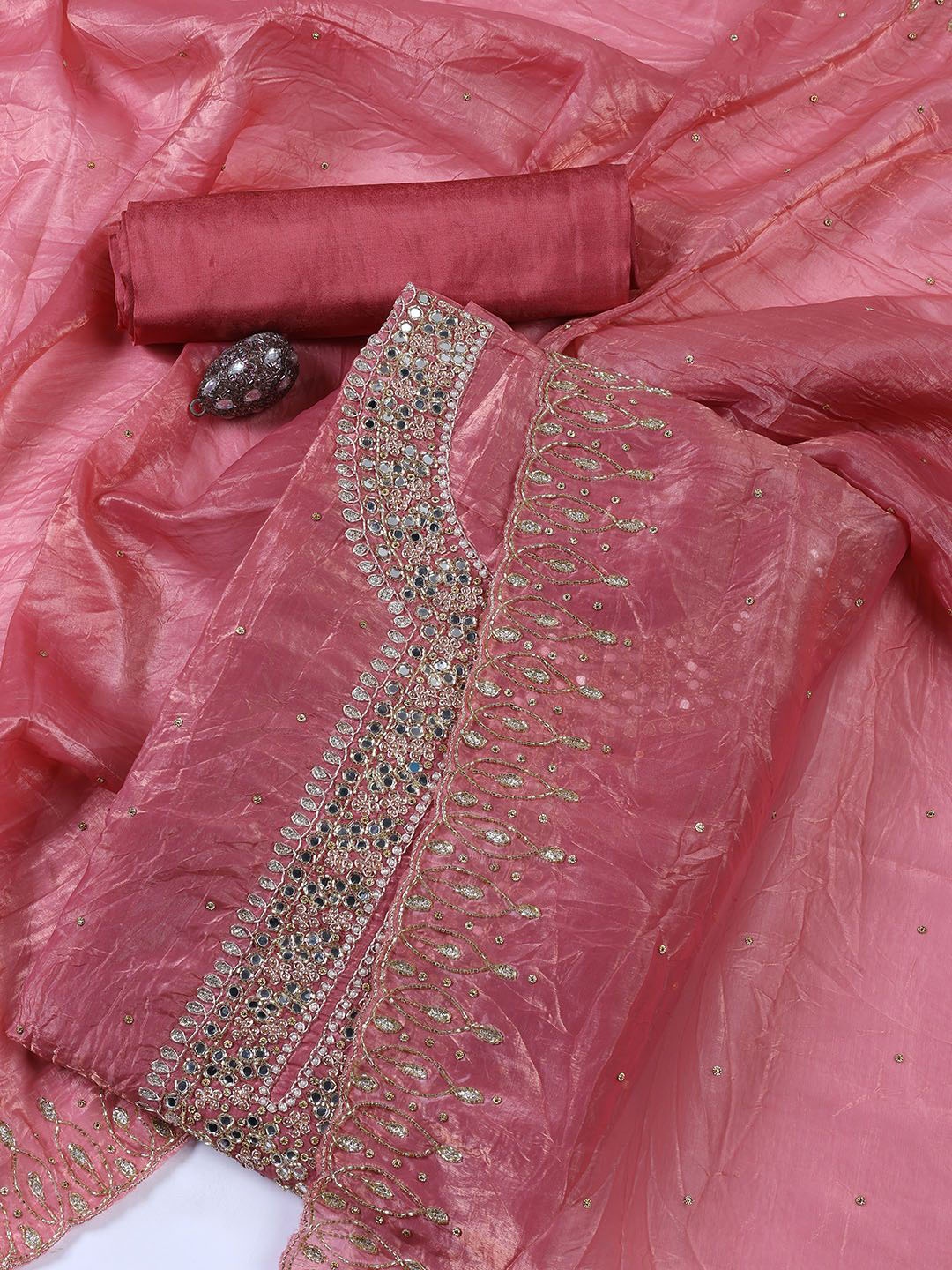 

Meena Bazaar Floral Embellished Zari Work Tissue Unstitched Dress Material, Pink
