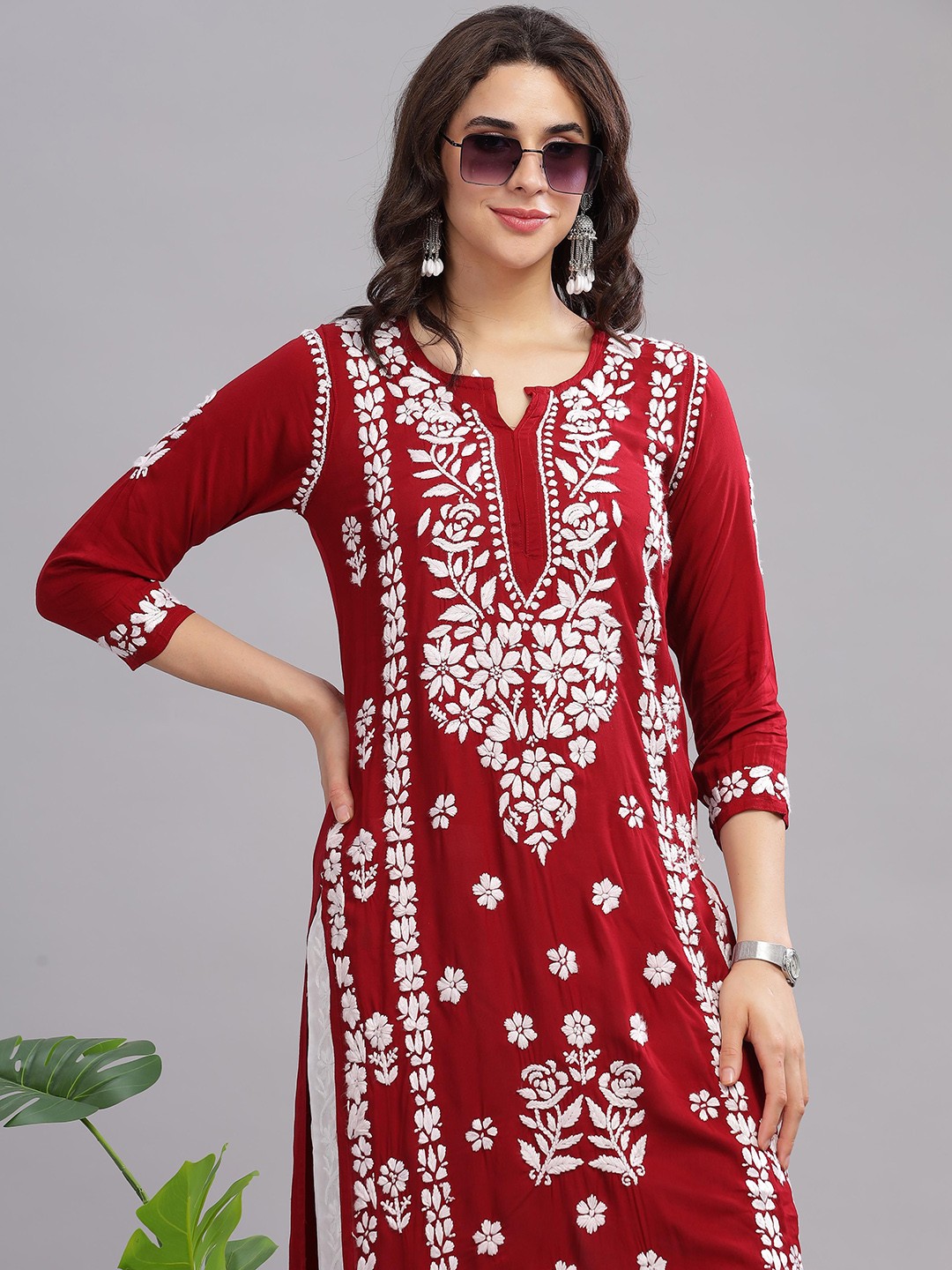 

Club Loom Floral Embroidered Boat Neck Chikankari Pure Cotton Handloom Chikankari Kurti, Red